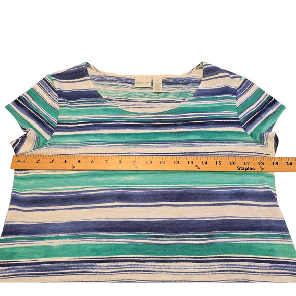Zenergy by Chico’s Women’s Coastal Tee M Blue Green Striped Lightweight Cruise - Picture 7 of 8